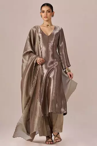 Light brown and soft gold tissue festive kurta set