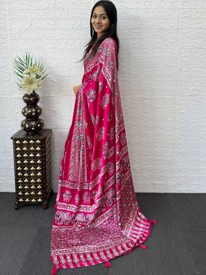 Pink ajrak block mirror work bandhani saree 2