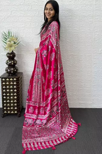 Pink ajrak block mirror work bandhani saree