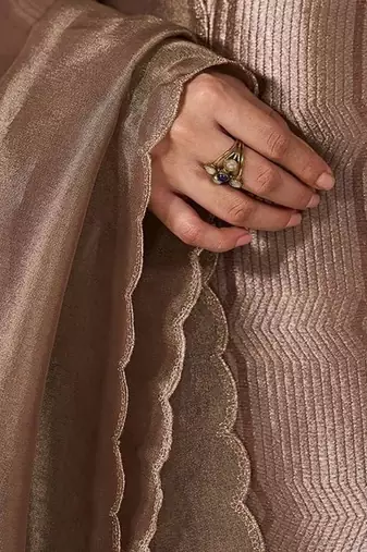 Light brown and soft gold tissue festive kurta set