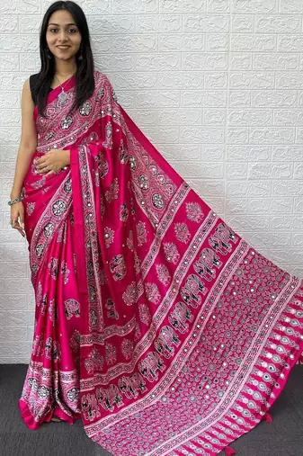 Pink ajrak block mirror work bandhani saree