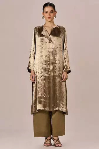 Brass and light gold stripe tissue festive co-ord set