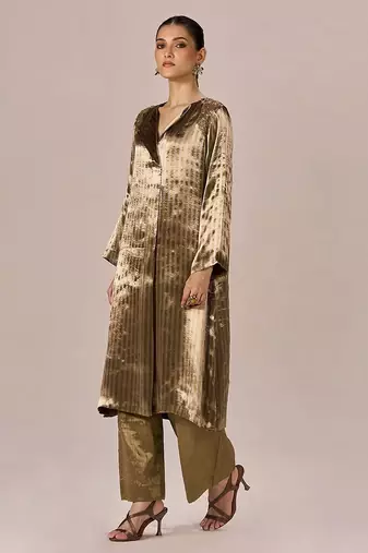 Brass and light gold stripe tissue festive co-ord set