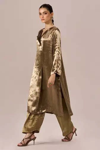 Brass and light gold stripe tissue festive co-ord set