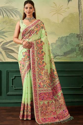Lime floral embroidered pashmina handloom kanjeevaram saree
