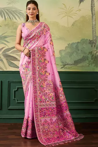 Pink woven design zari pashmina handloom kanjeevaram saree