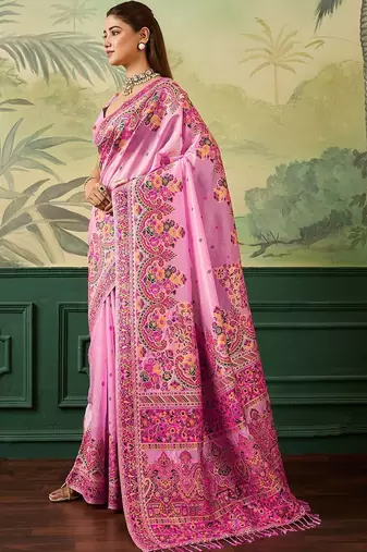 Pink woven design zari pashmina handloom kanjeevaram saree