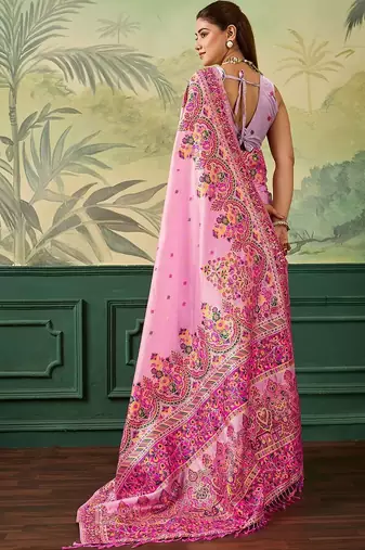 Pink woven design zari pashmina handloom kanjeevaram saree