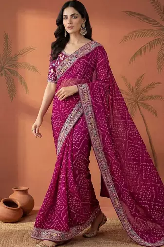 Magenta bandhani printed festive wear sarees with unstitched blouse piece