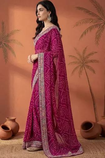 Magenta bandhani printed festive wear sarees with unstitched blouse piece