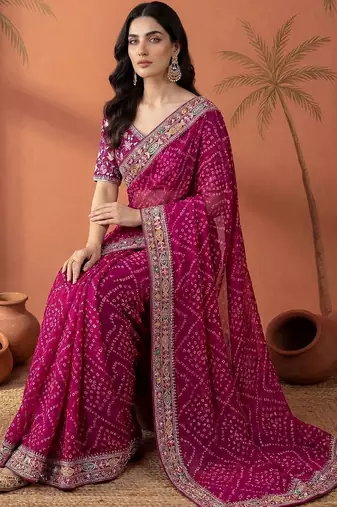 Magenta bandhani printed festive wear sarees with unstitched blouse piece