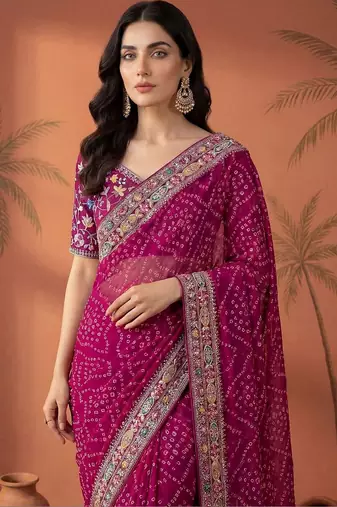 Magenta bandhani printed festive wear sarees with unstitched blouse piece