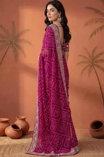 Magenta bandhani printed festive wear sarees with unstitched blouse piece