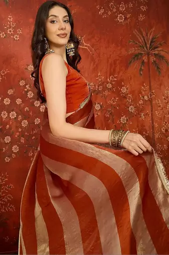 Red sequinned tissue designer leheriya saree