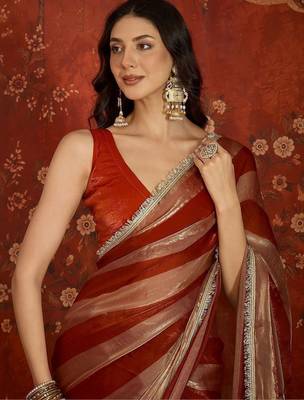Red sequinned tissue designer leheriya saree 3