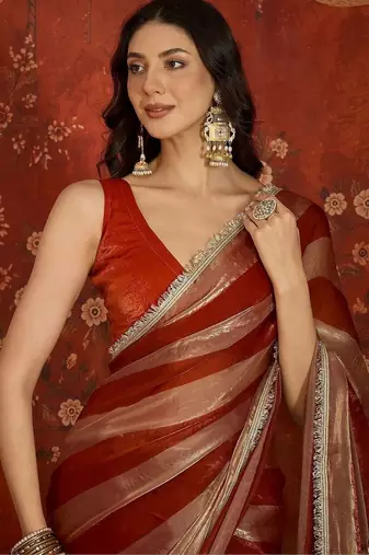 Red sequinned tissue designer leheriya saree
