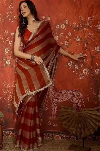 Red sequinned tissue designer leheriya saree