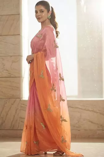 Pink embellished sarees with unstitched blouse piece