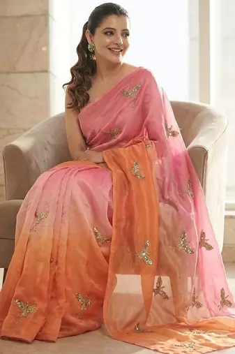 Pink embellished sarees with unstitched blouse piece