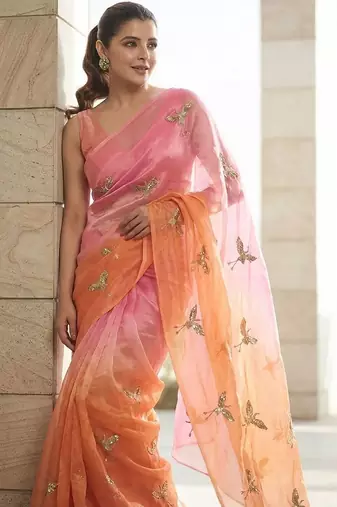 Pink embellished sarees with unstitched blouse piece