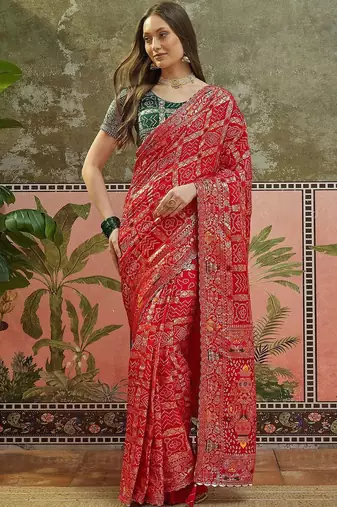 Red woven design chanderi sarees with unstitched blouse piece