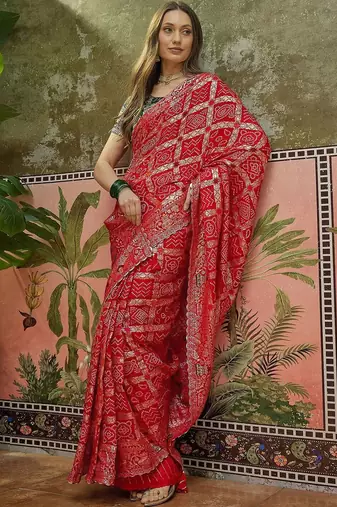 Red woven design chanderi sarees with unstitched blouse piece
