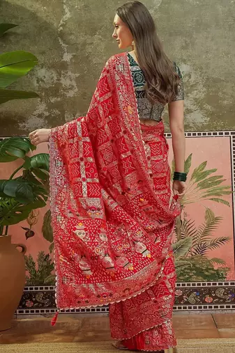 Red woven design chanderi sarees with unstitched blouse piece