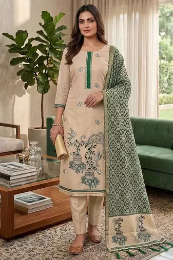 Green muga cotton jamdani pichwai weaving salwar suit