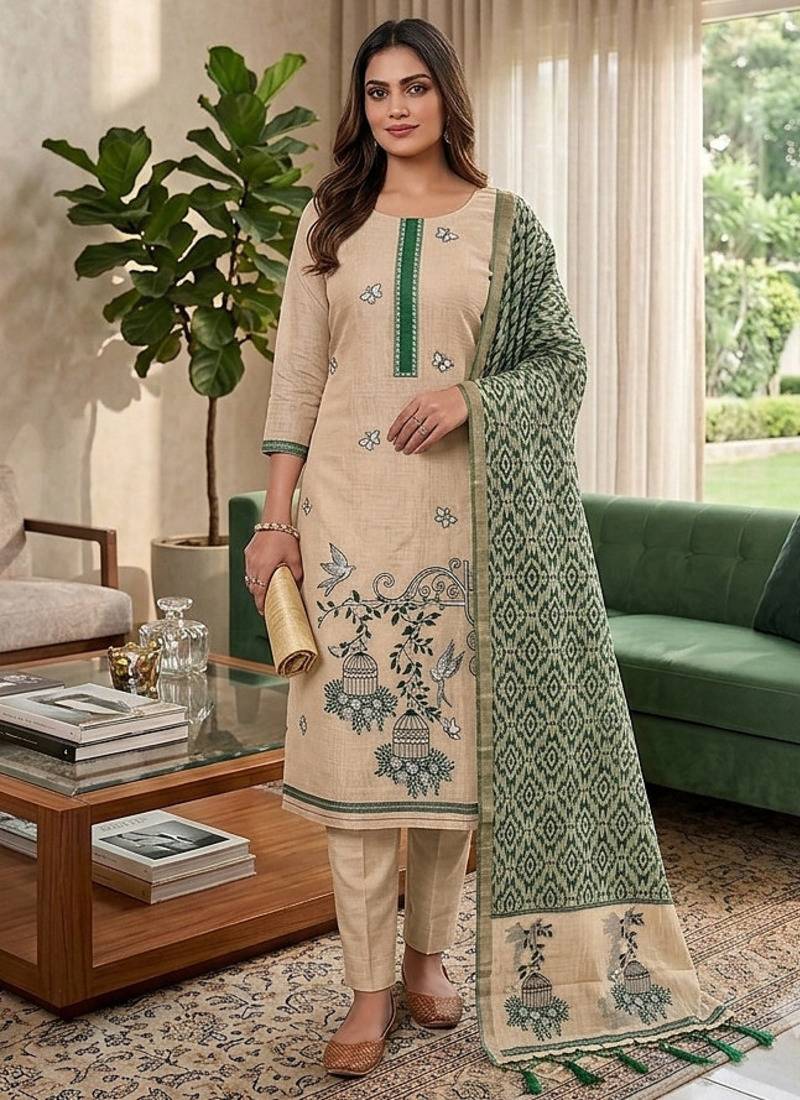 Green muga cotton jamdani pichwai weaving salwar suit