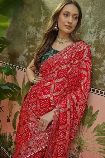 Red woven design chanderi sarees with unstitched blouse piece