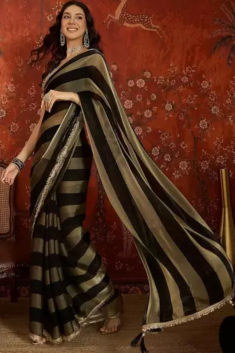 Black sequinned tissue designer leheriya saree