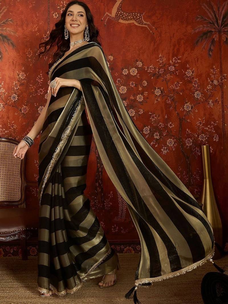 Black sequinned tissue designer leheriya saree