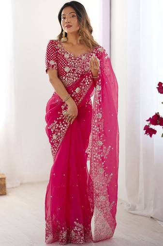 Pink organza sequin embroideried blouse piece & sarees
