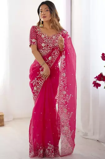 Pink organza sequin embroideried blouse piece & sarees
