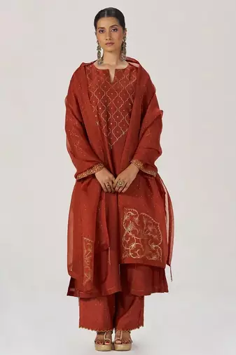 Rust raw silk festive kurta set