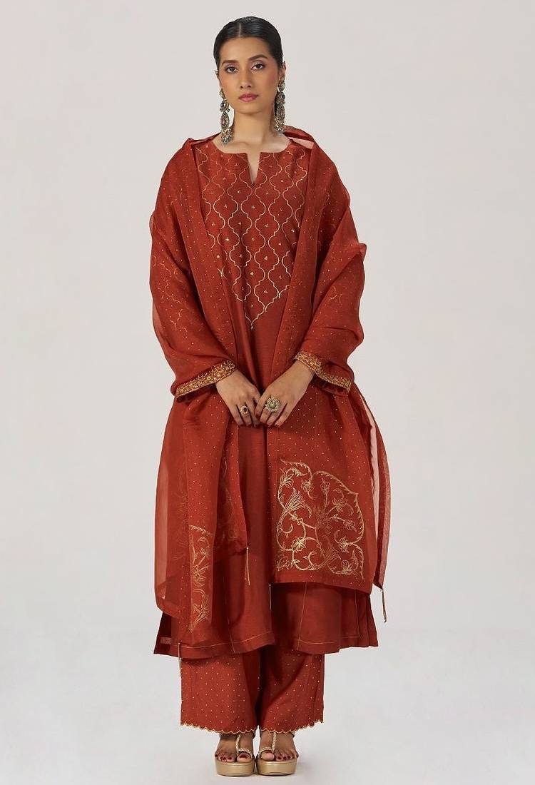 Rust raw silk festive kurta set