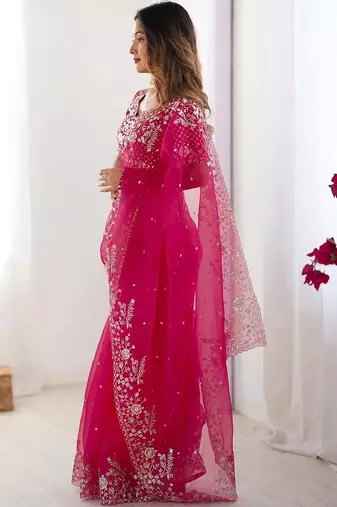 Pink organza sequin embroideried blouse piece & sarees