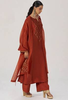 Rust raw silk festive kurta set 2