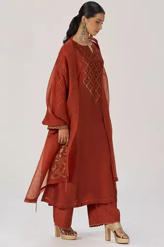 Rust raw silk festive kurta set