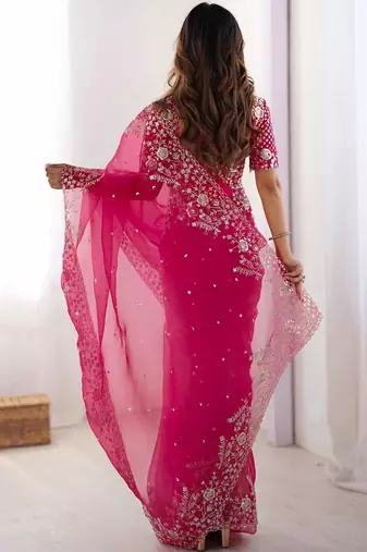 Pink organza sequin embroideried blouse piece & sarees