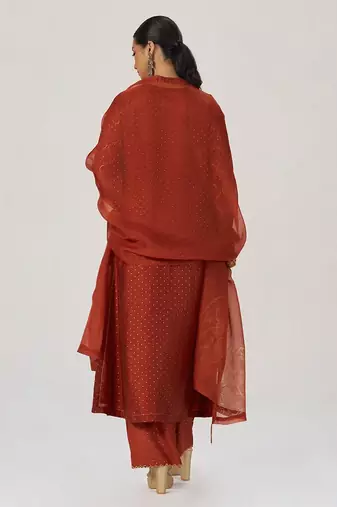 Rust raw silk festive kurta set