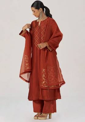 Rust raw silk festive kurta set 4