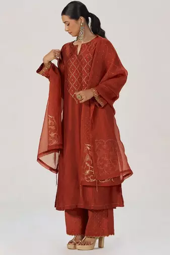 Rust raw silk festive kurta set