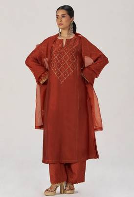Rust raw silk festive kurta set 5
