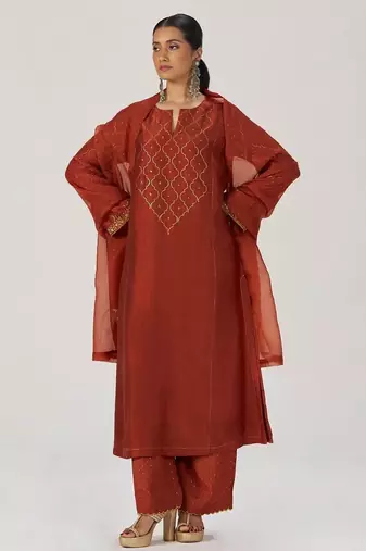 Rust raw silk festive kurta set