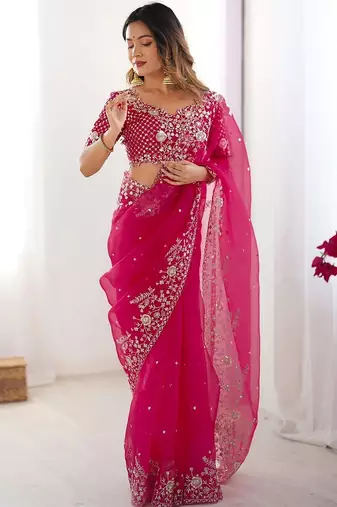 Pink organza sequin embroideried blouse piece & sarees