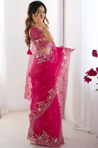 Pink organza sequin embroideried blouse piece & sarees