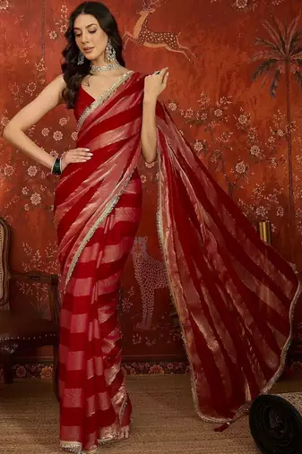 Red striped zari tissue designer leheriya saree