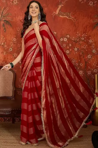 Red striped zari tissue designer leheriya saree