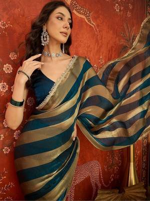 Teal striped zari tissue designer leheriya saree 1